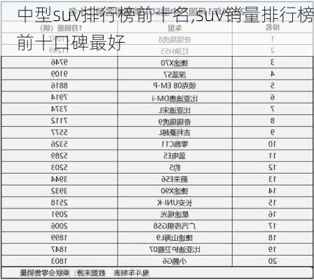 中型suv排行榜前十名,suv销量排行榜前十口碑最好